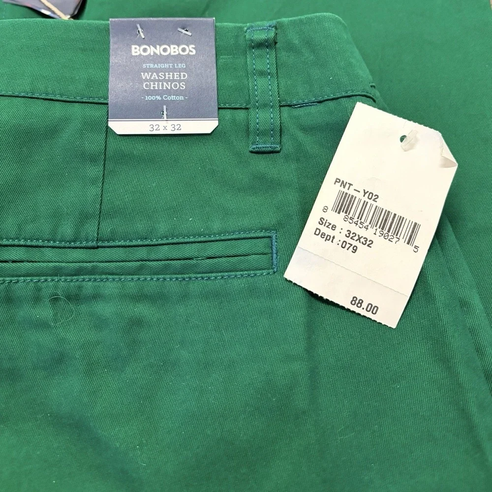 Bonobos Original Washed Chino Pants Mens 32x32 Green Nonstretch Straight NWT